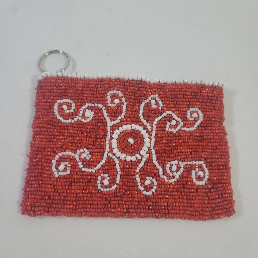 Red White Beaded Keychain Coin Pouch Wallet